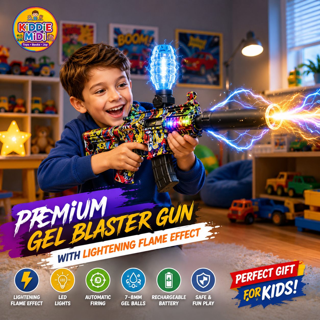 Premium Electric Gel Blaster Gun with Lightning Flame Muzzle Effect | Crystal Water Bead Toy Gun for Kids & Teens